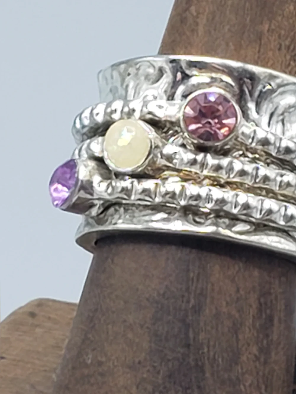 Silver Spinner Ring - 3 Multi-Stack Ring w/ Pink Purple Cream Stones - Hammered
